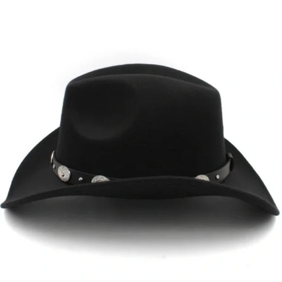 NEW Black Silver Concho Leather Band Embellished Felt Cowboy Cowgirl Wes main image 4